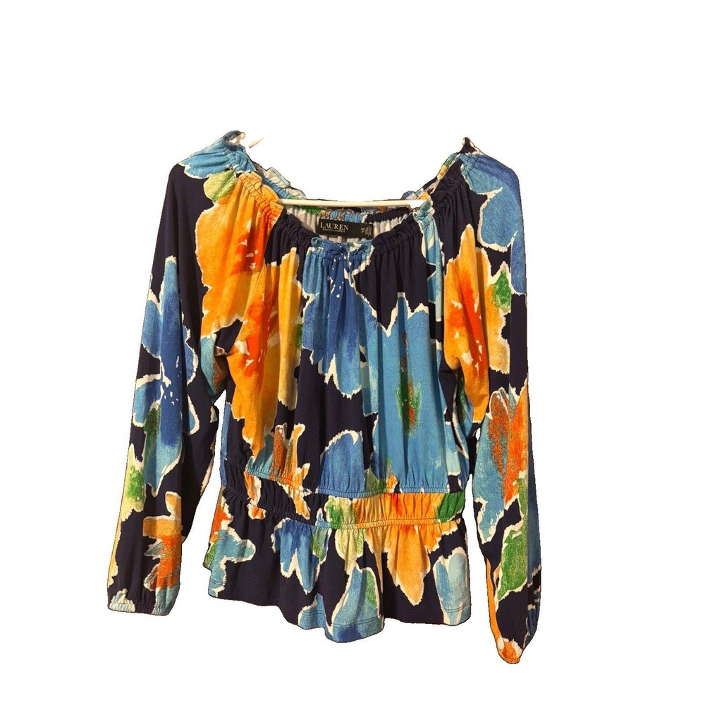 Ralph Lauren Women's Floral Off Shoulder Smocked Peasant Boho Blouse PS Petite S